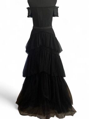 Betsy & Adam Black "Kai" Off the Shoulder Tiered Mesh Corset Ball Gown